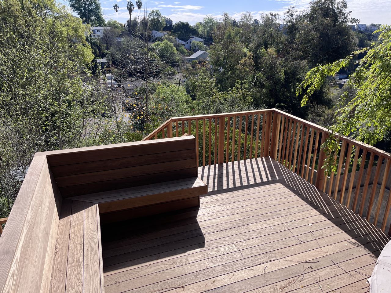 Redwood deck with built-in bench