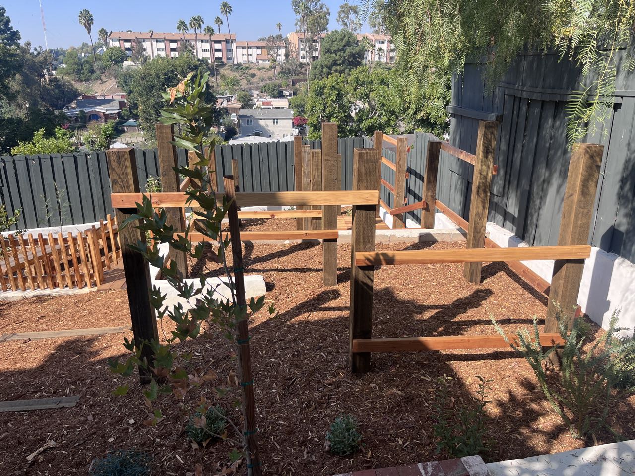 Redwood fence, hillside backyard